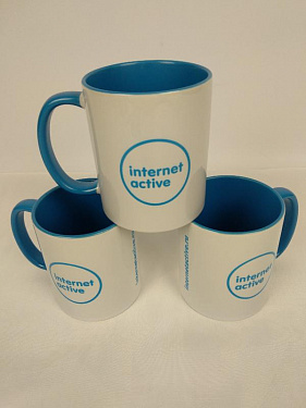 Кружка сублимационная белая, светло-синяя внутри со светло-синей ручкой «Internet active» - «Интернет Актив».  6