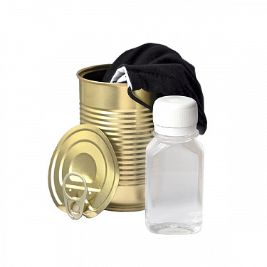Комплект СИЗ #2 (маска серая, антисептик, перчатки белые), упаковано в жестяную банку.  6