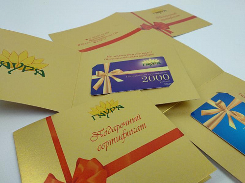 Подарочный сертификат - конверт "золотой маджестик" для дисконтных карт - «ГАУРА».  2